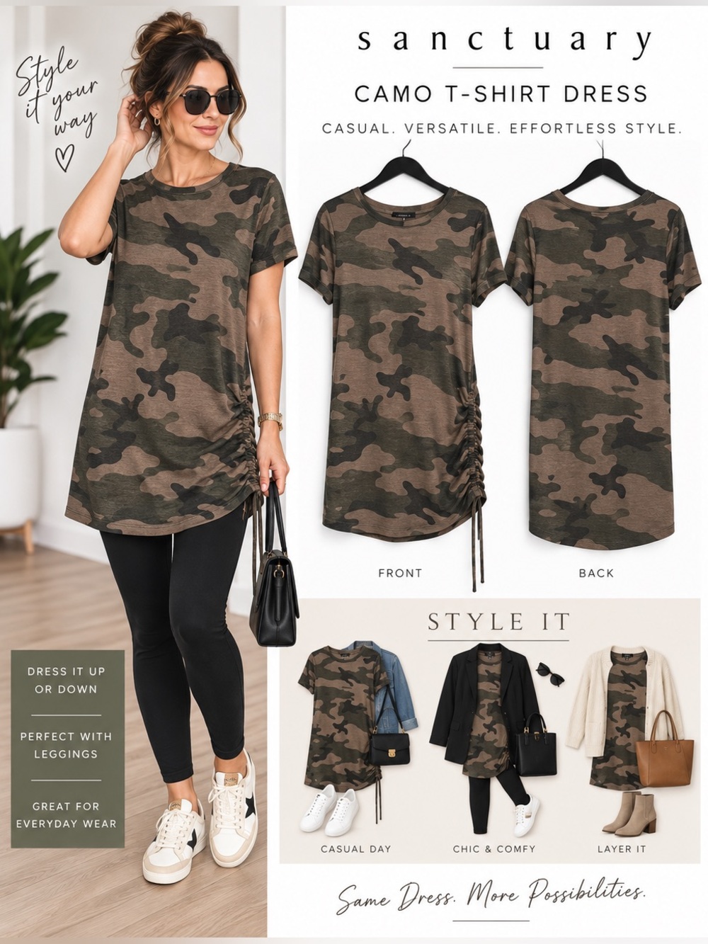 Sanctuary Camo Ruched Drawstring T-Shirt Dress Olive Green Size L